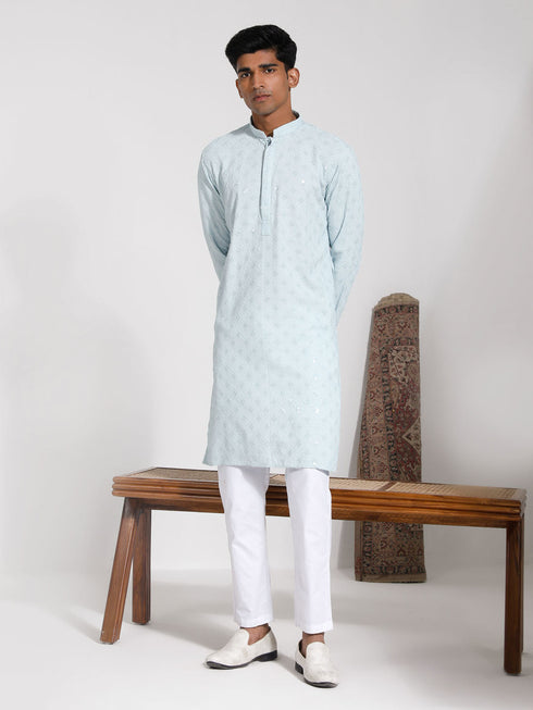 Vastramay Men's Aqua Rayon Kurta And Pyjama Set